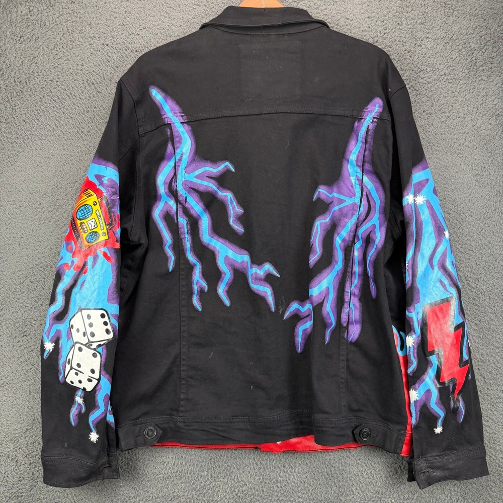 Reason Mens Graffiti Graphic Denim Jacket Black Red Blue XL Streetwear Skull - Picture 7 of 8
